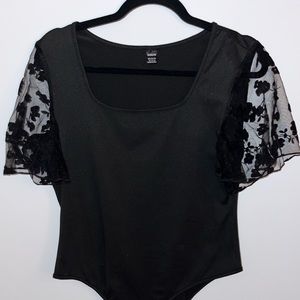 Shein Black Square Neck bodysuit Ruffle Mesh short sleeve size XL